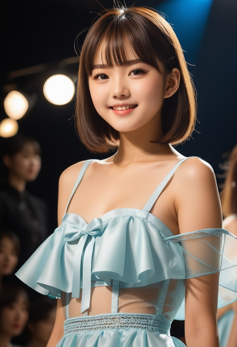 カラーブロックのドレスに網タイツとアンクルブーツ