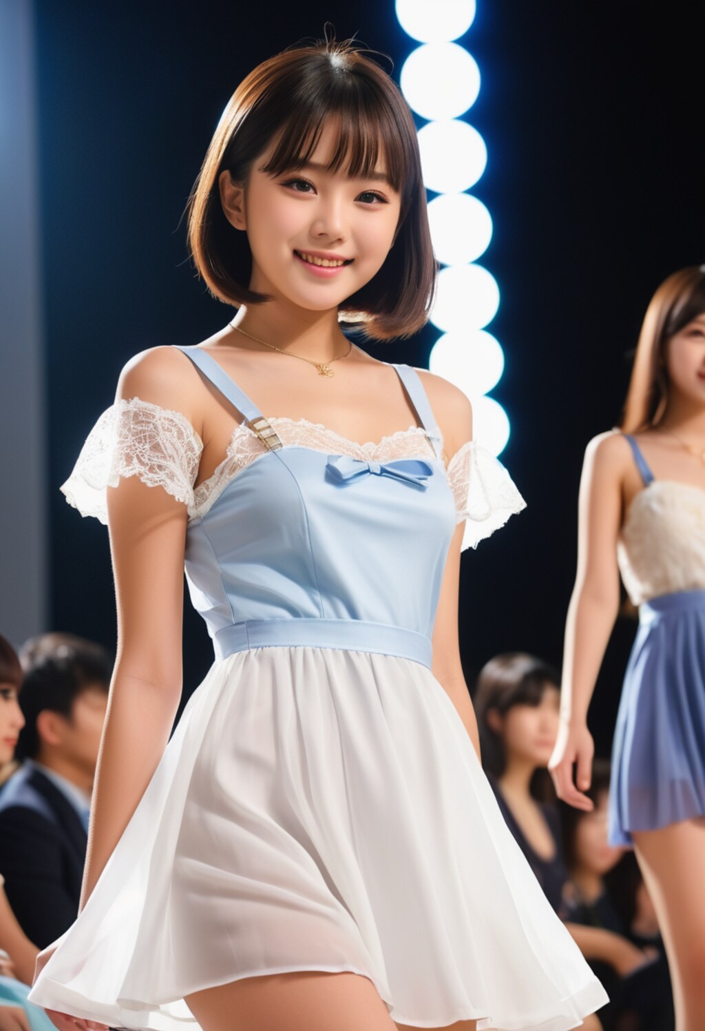 カラーブロックのドレスに網タイツとアンクルブーツ