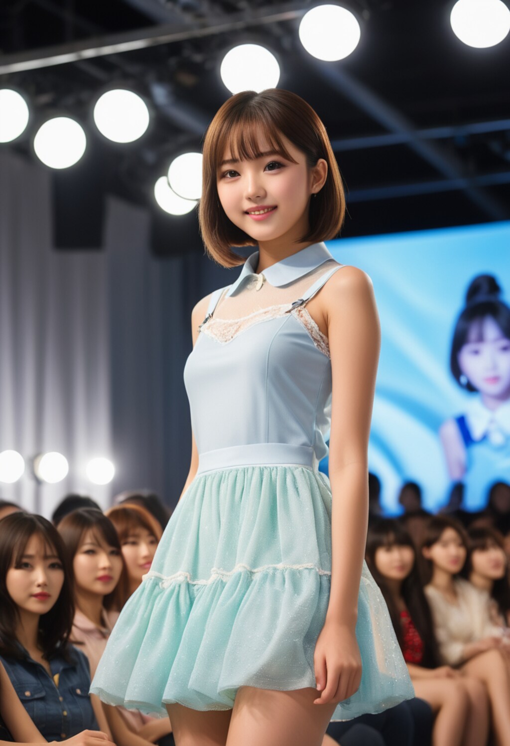 カラーブロックのドレスに網タイツとアンクルブーツ