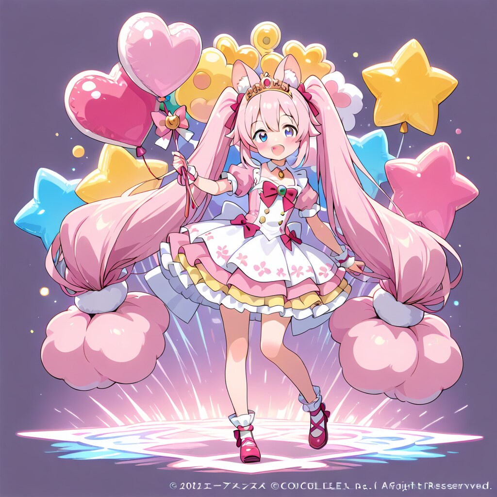いっぱい色とりどりの風船を持つピンク髪ツインテールのお姫様 | の人気AIイラスト・グラビア