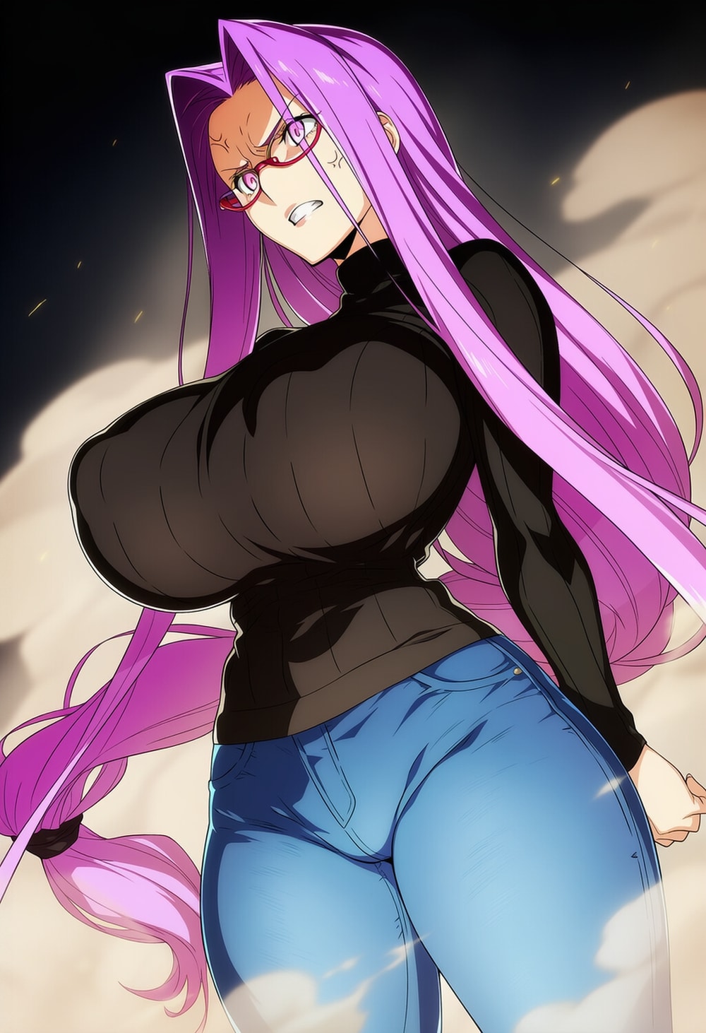 カジュアルジーンズコスプレ眼鏡人妻にらむ