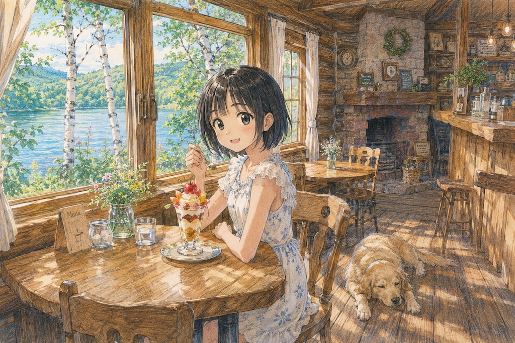 高原のカフェでパフェ