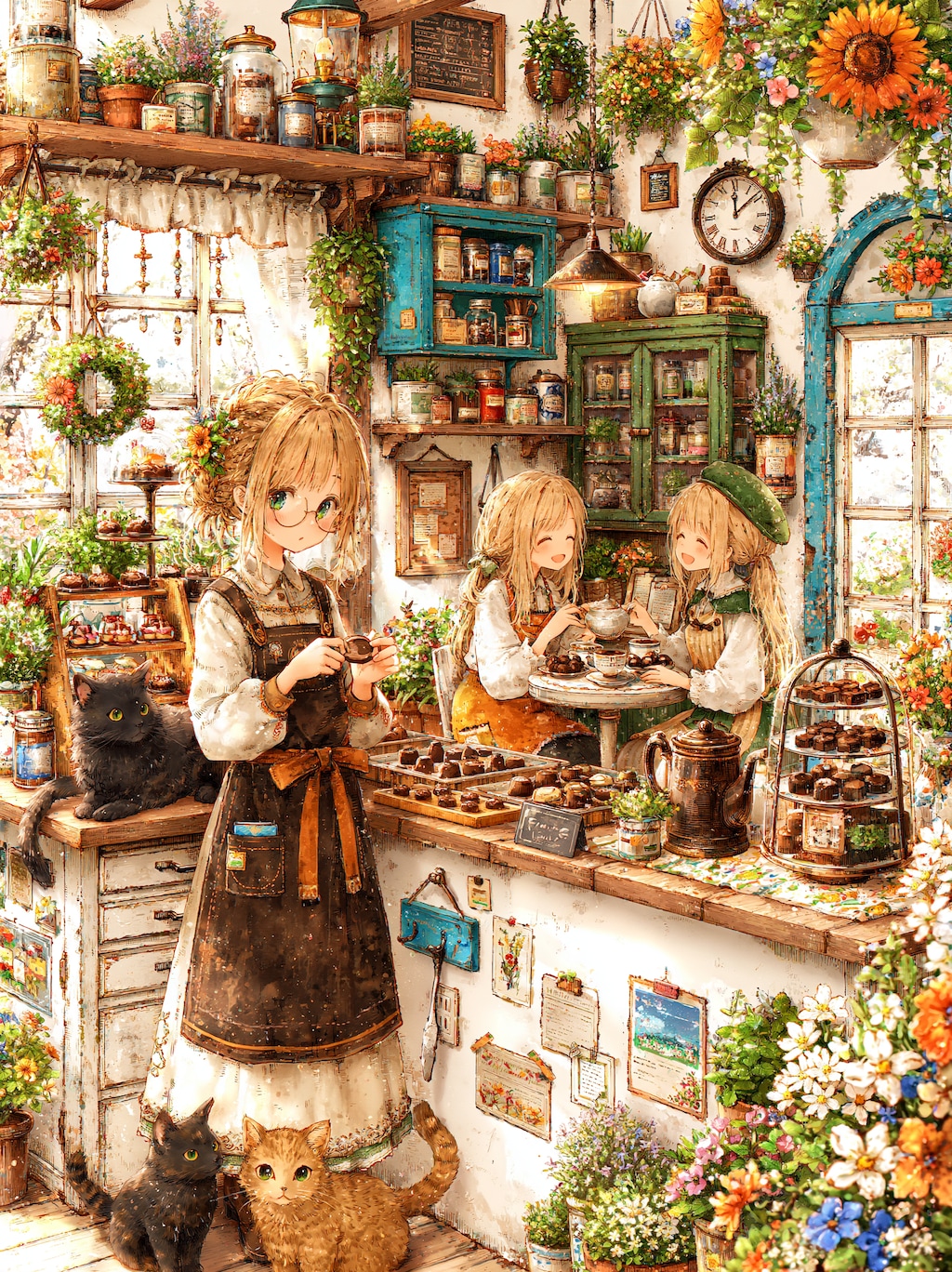 棚という棚に瓶と花と記憶が詰め込まれたこの店で、猫たちは足元にいて、少女たちは奥で笑い、眼鏡の彼女だけがひとり、チョコレートと向き合う午後