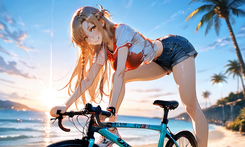 夕焼けの海沿いを自転車で、アスナがふっと振り返った夏