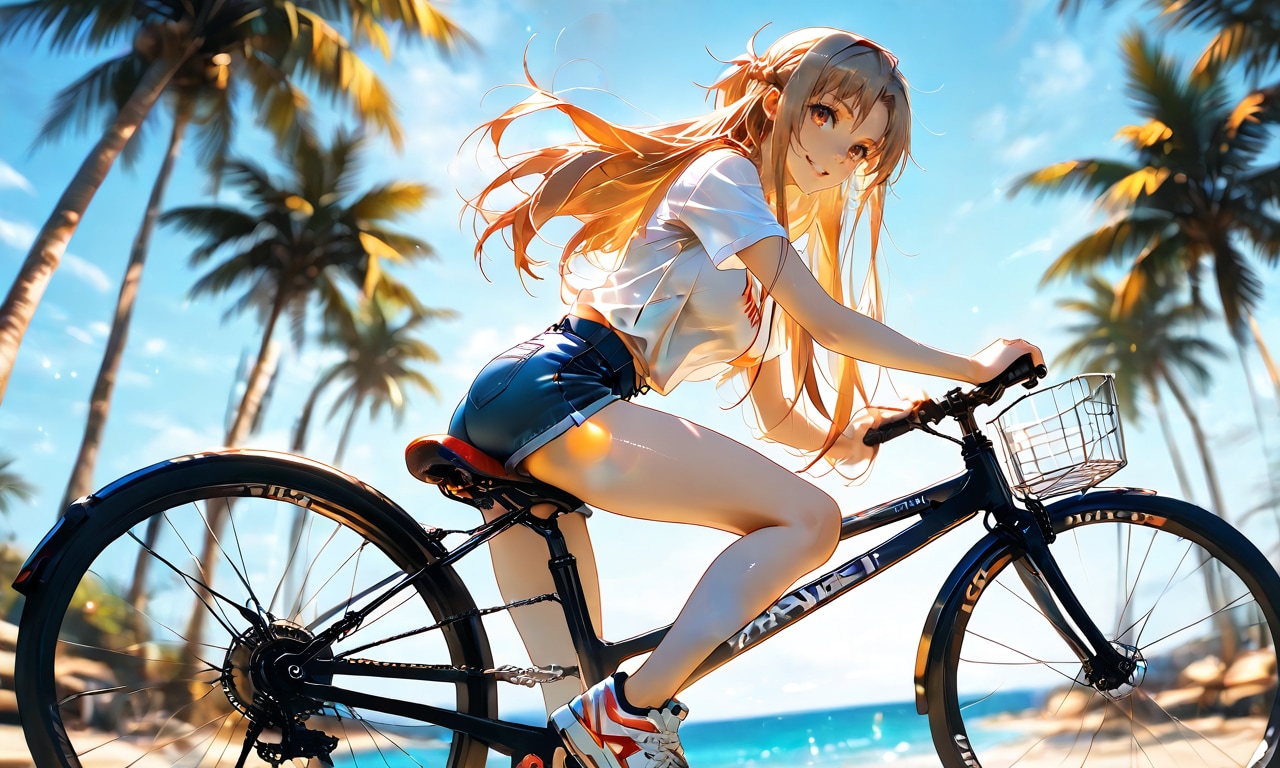 夕焼けの海沿いを自転車で、アスナがふっと振り返った夏