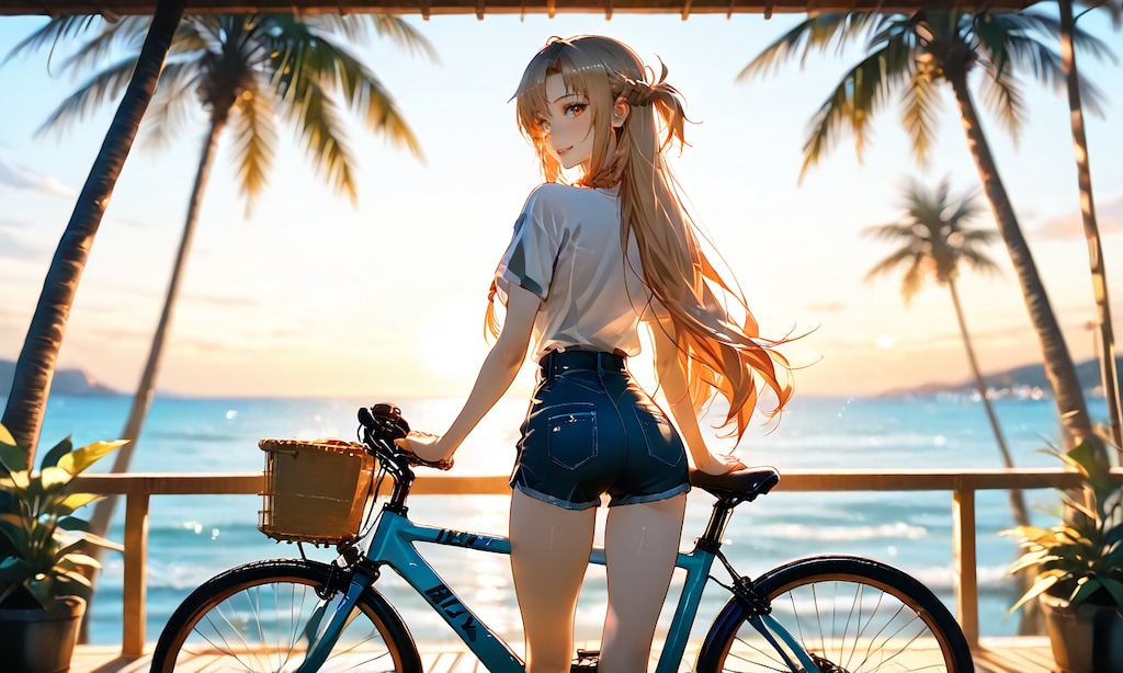 夕焼けの海沿いを自転車で、アスナがふっと振り返った夏