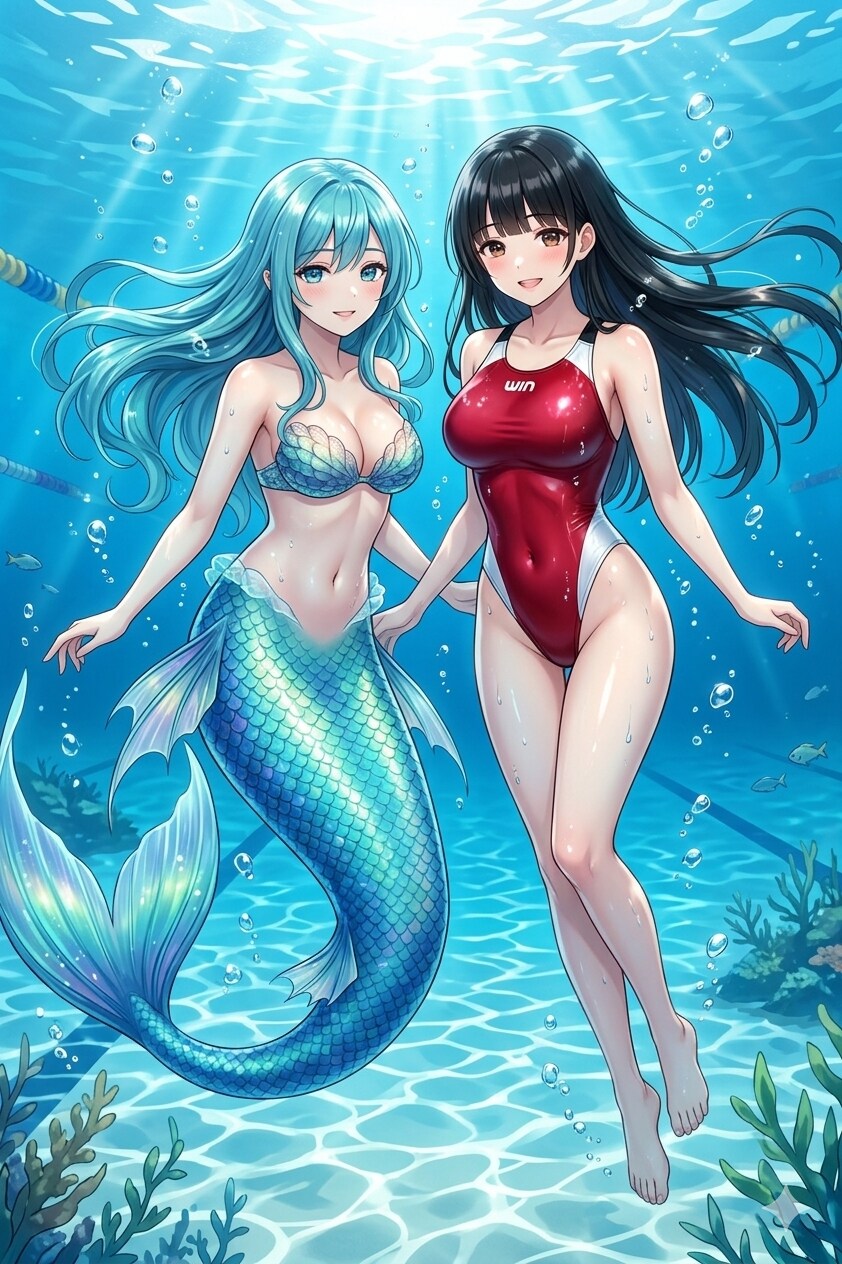 人魚と潜水交流するサキちゃん