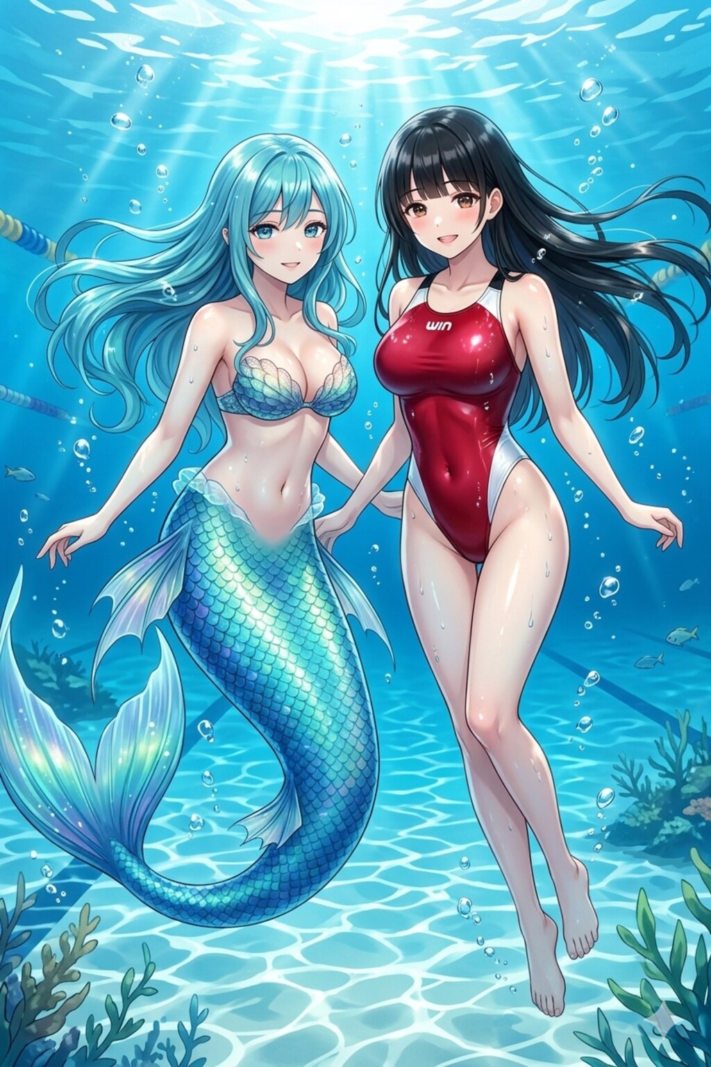 人魚と潜水交流するサキちゃん
