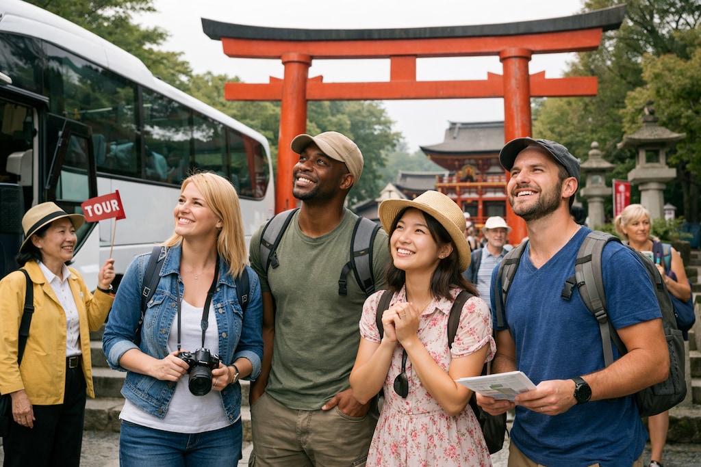ツアーでお寺を訪れる観光客