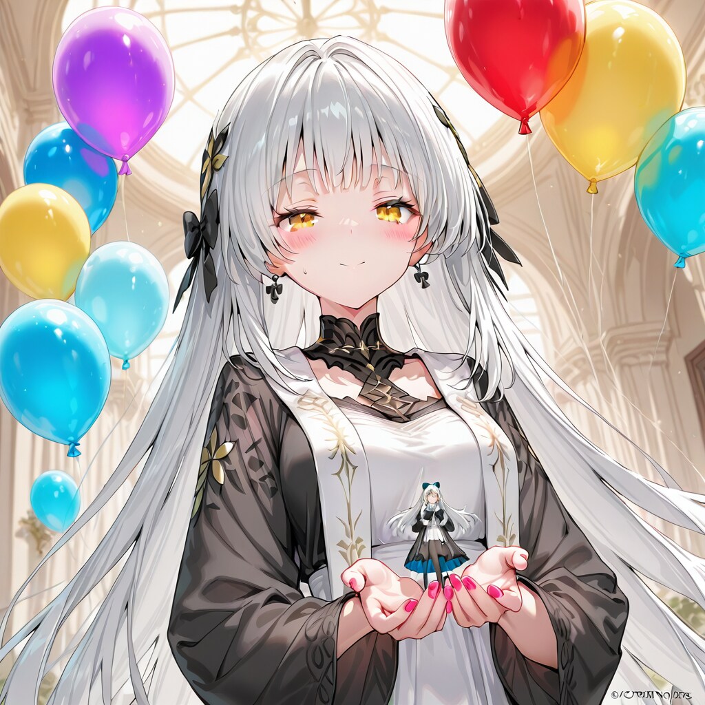 色とりどりの風船を持つ白い髪ロングのシスター服着た美女