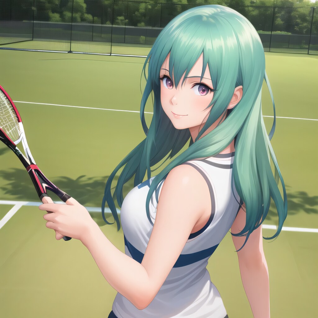 緑髪ロングでテニスウェアの少女