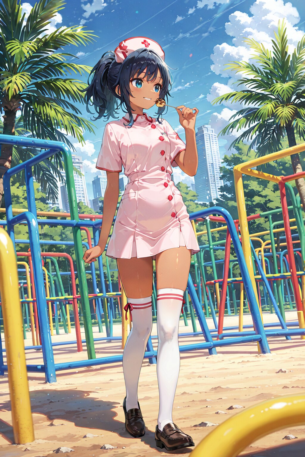 公園でたこ焼きミニスカナース