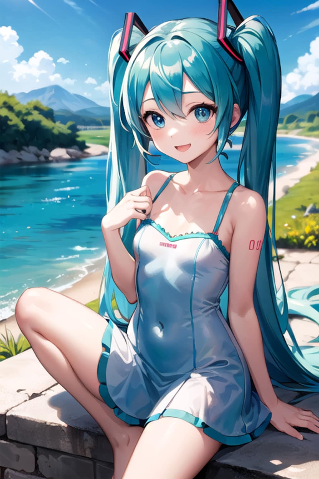 河原で水遊びするミクさん