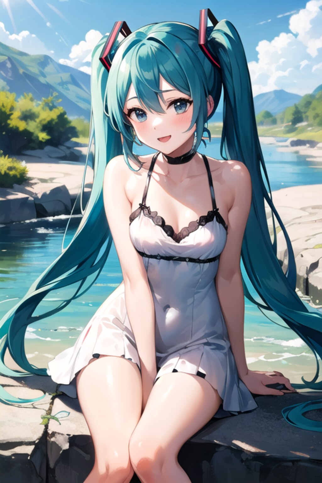 河原で水遊びするミクさん