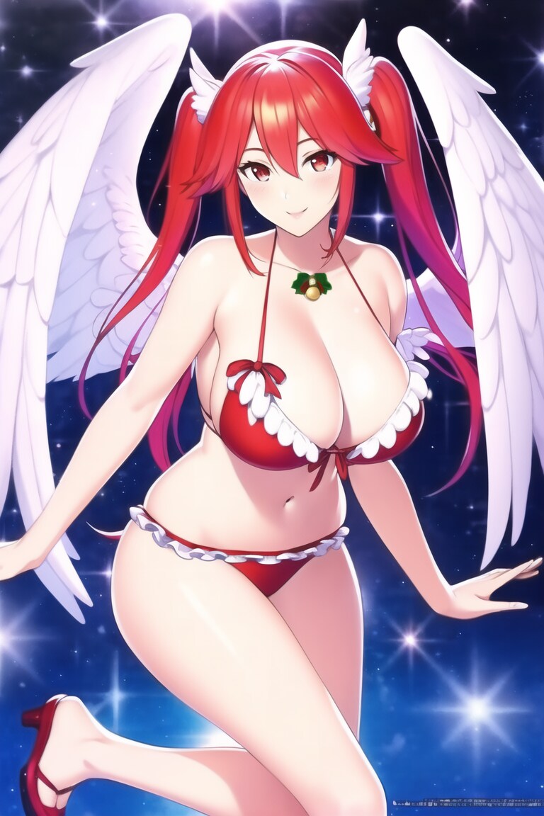 赤髪ツインテールのサンタビキニの巫女さんです。