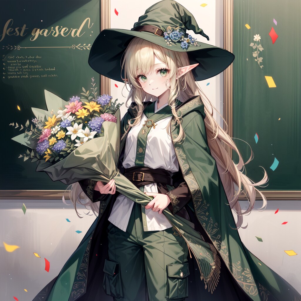 花束を持ってお祝いするエルフ魔女