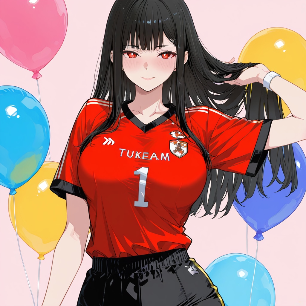 いっぱい色とりどりの風船を持つ黒髪ロングのサッカーユニフォーム着た美女