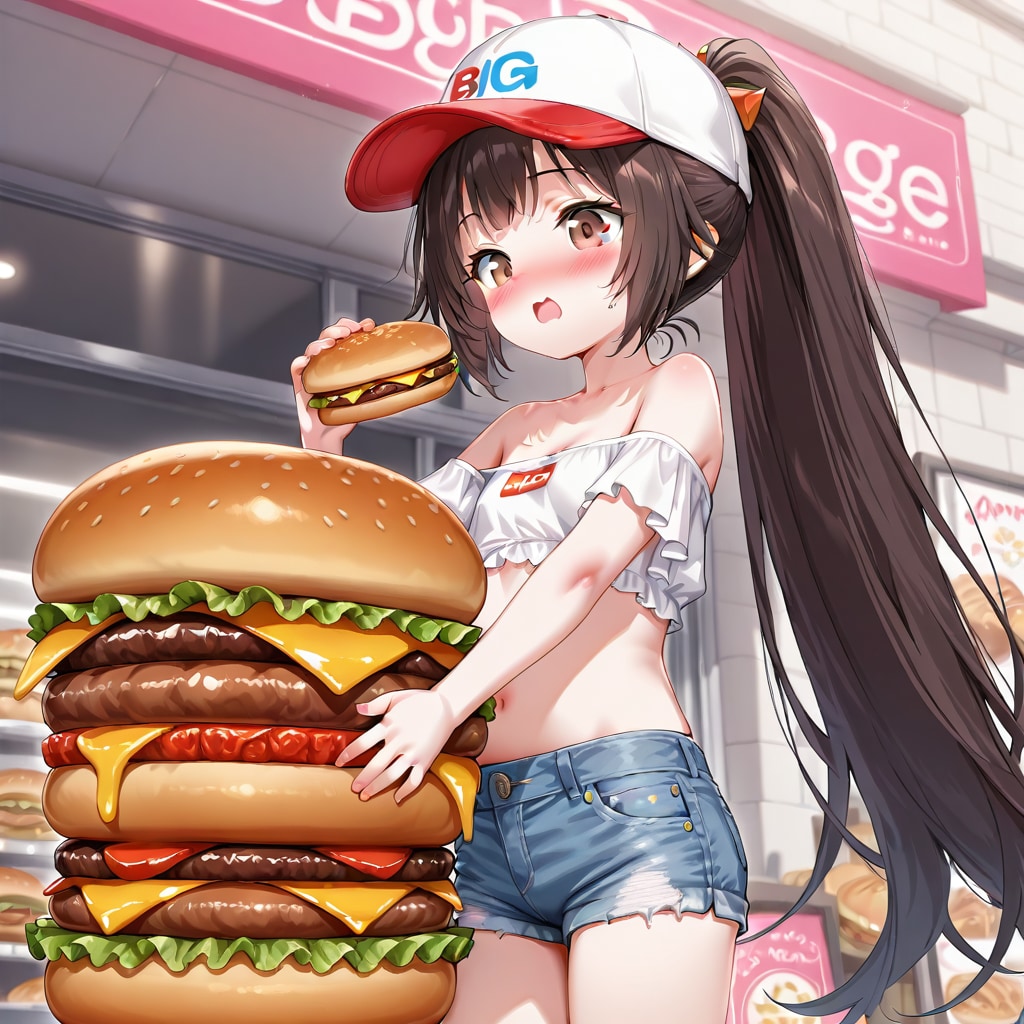 店頭巨大オブジェの横で食べるハンバーガー