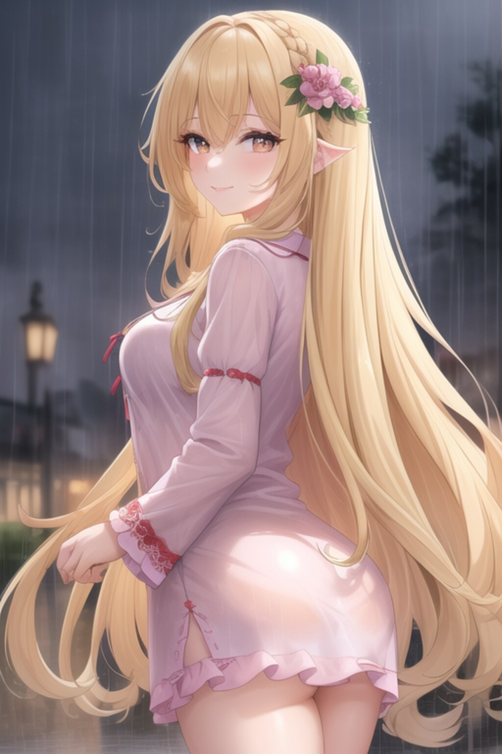 雨中に佇む金色の髪の少女