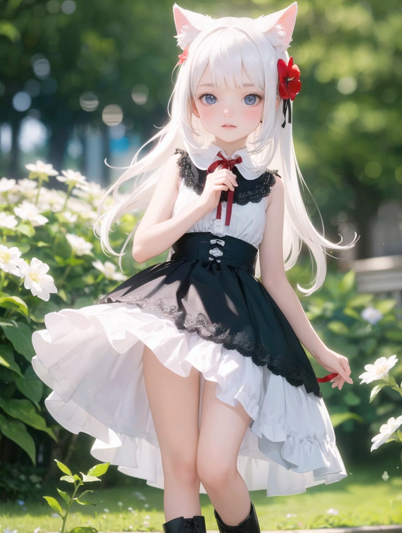 白猫,はしゃぐ,フラワーガーデン