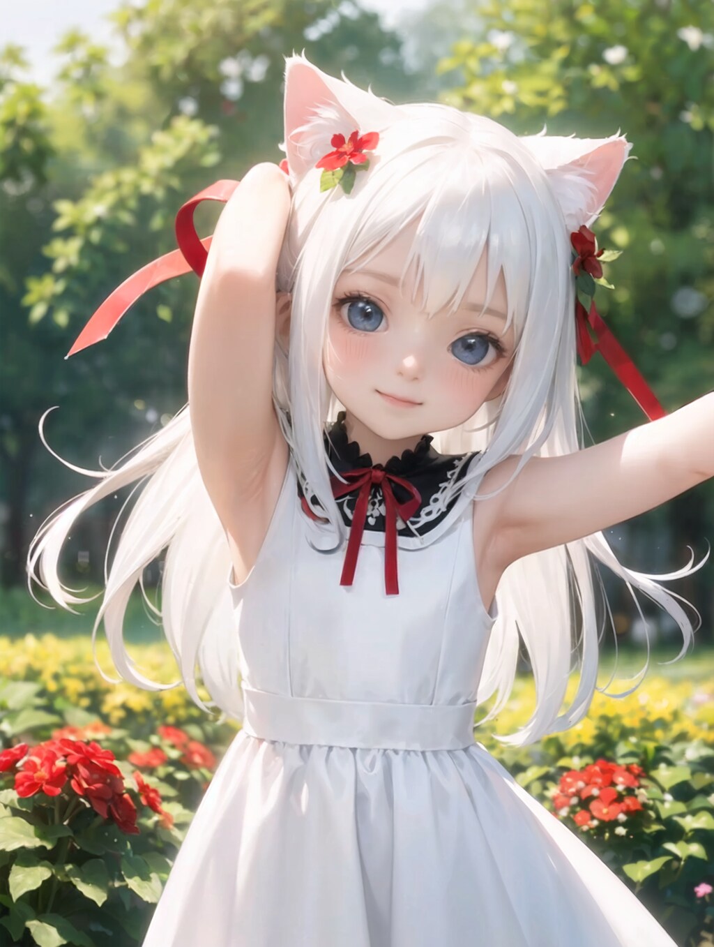 白猫,はしゃぐ,フラワーガーデン