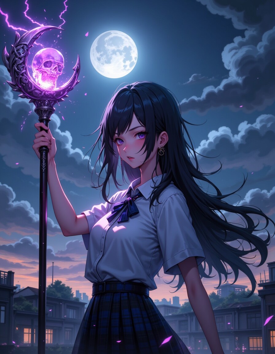 黒髪パッツンの謎の美少女が学校の屋上で黒魔法を撃つ | の人気AIイラスト・グラビア