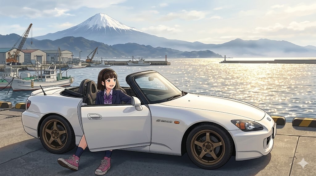 S2000と富士山が見える港
