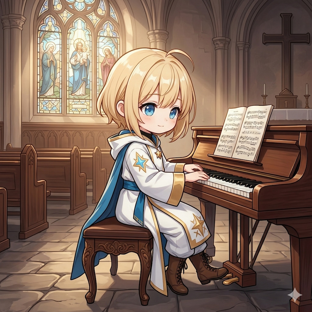 教会でピアノを弾くシスターさん