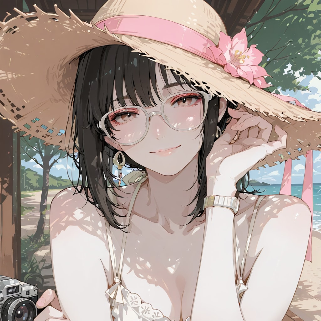 黒髪メガネ　麦わら帽子とワンピース