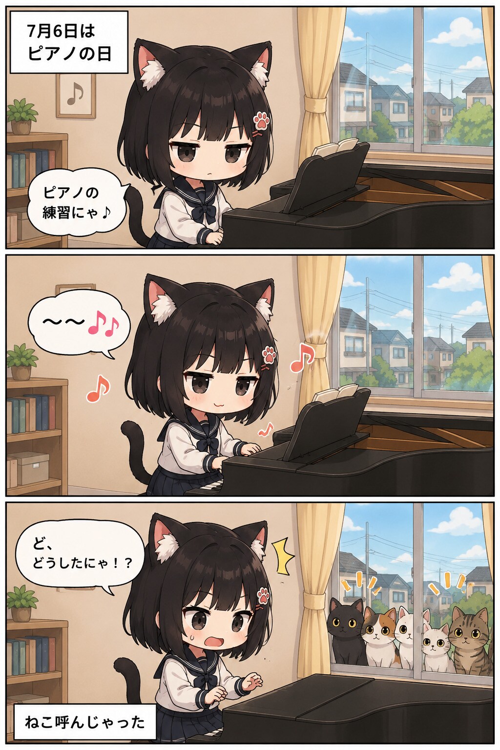 3コマ漫画 2026.07.06. 「ピアノの日」