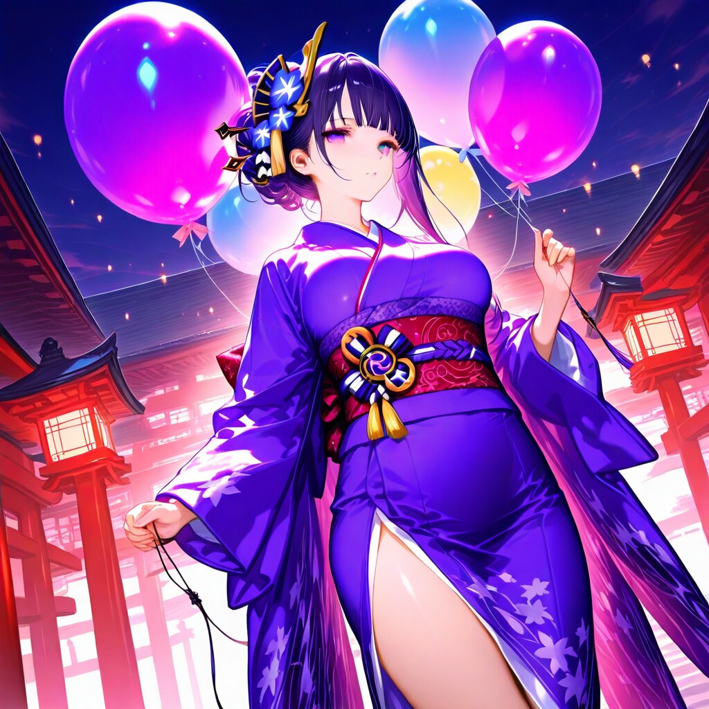 神社でいっぱい風船を持つ紫髪ロングの着物美女
