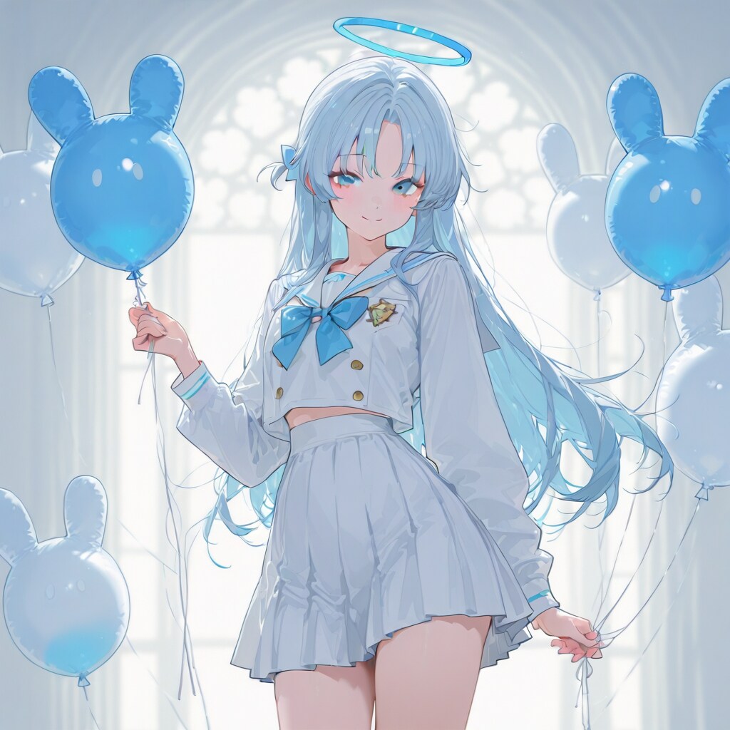水色の風船を持つ水色髪ロングの天使の美女