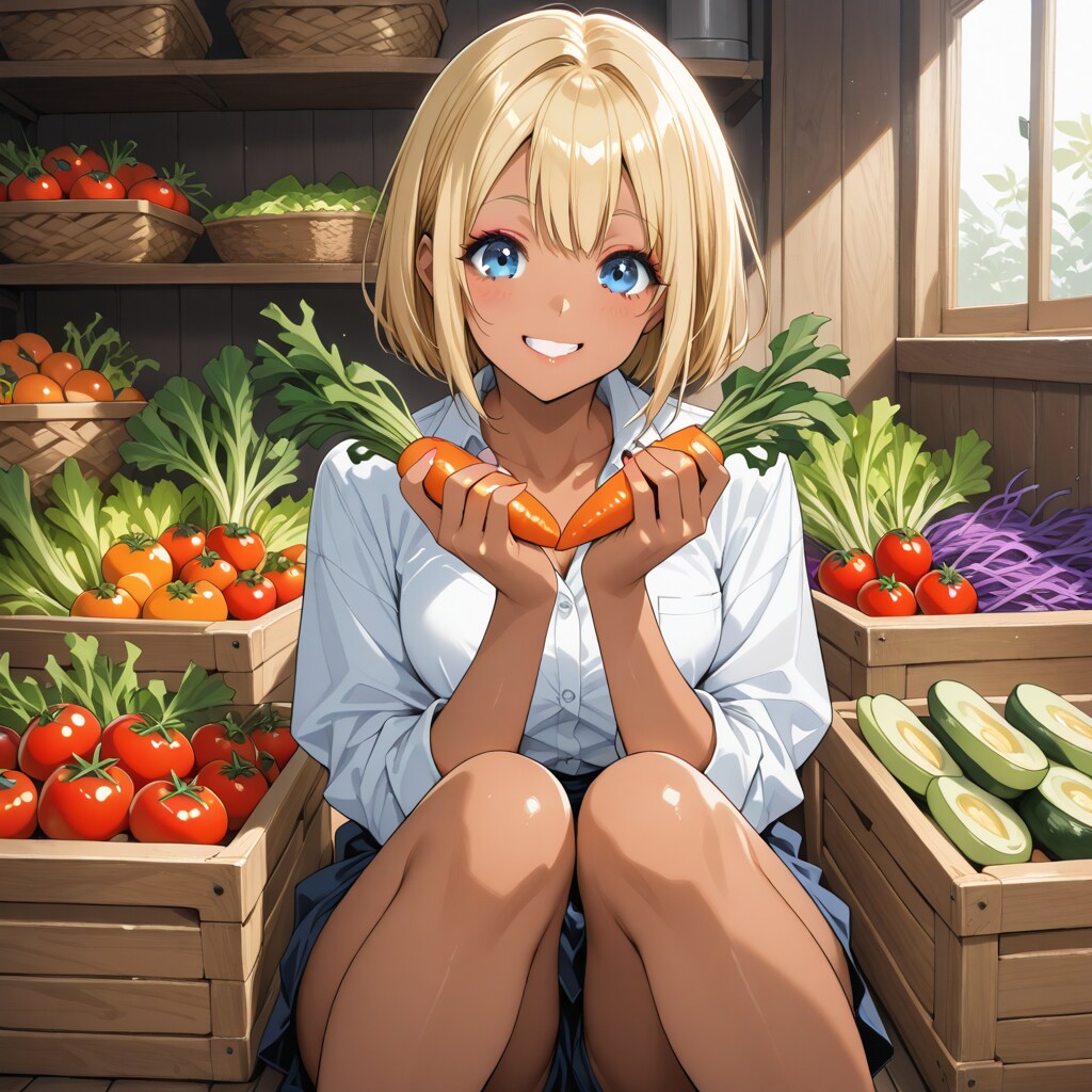 野菜に囲まれる金髪ギャル（アカリ） | の人気AIイラスト・グラビア