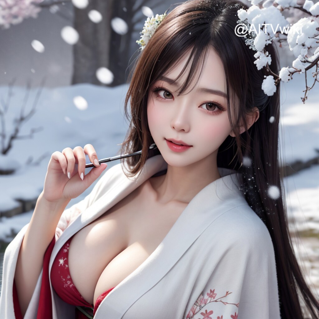 雪が降る中、桜と少女