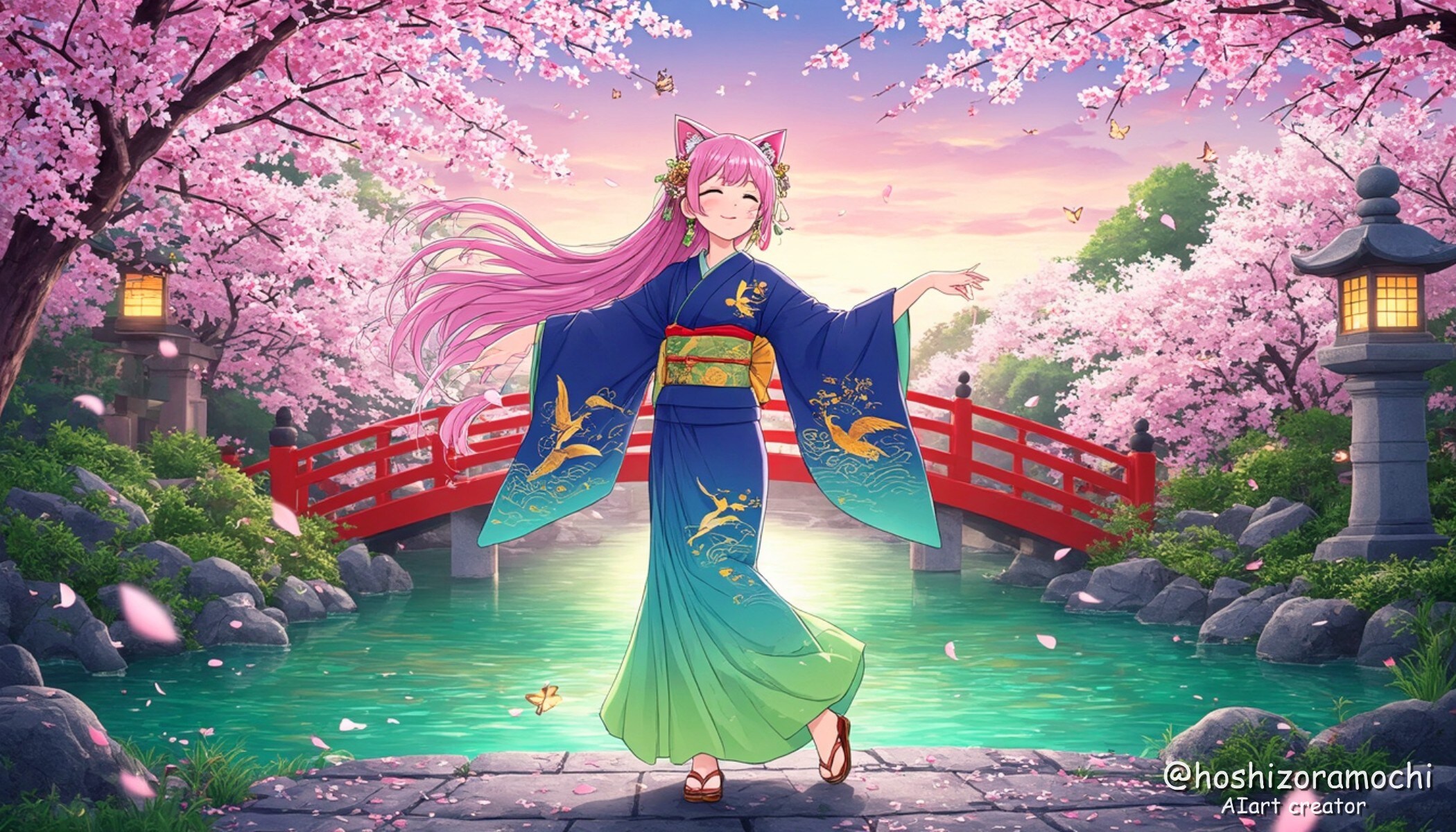 桜吹雪の和風庭園 - A Japanese-style garden filled with falling cherry blossoms