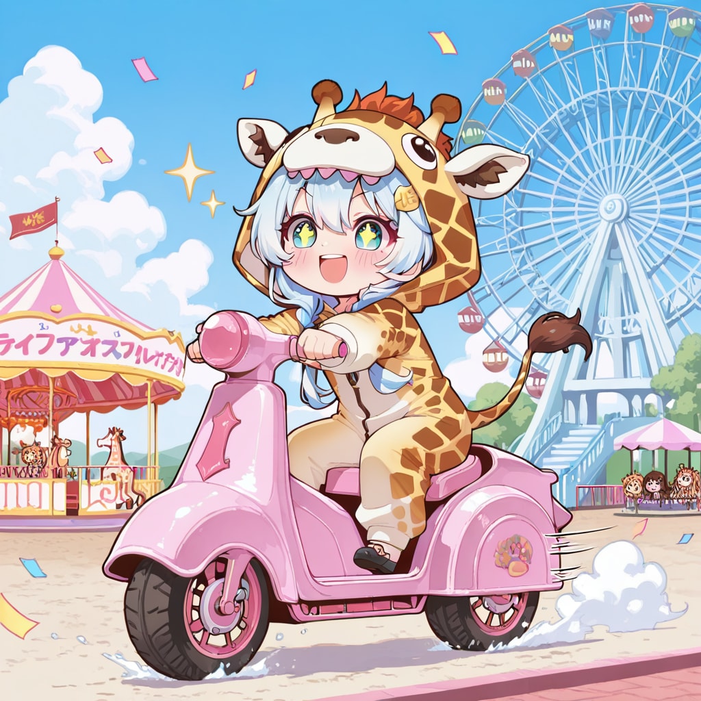 遊園地で遊ぶキリン着ぐるみちび子ちゃん