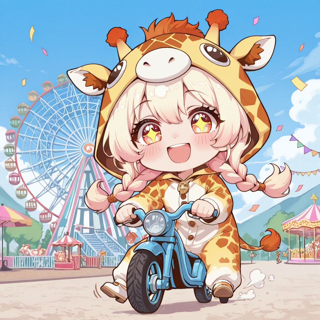 遊園地で遊ぶキリン着ぐるみちび子ちゃん