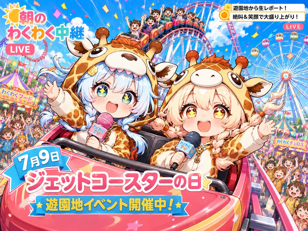 遊園地で遊ぶキリン着ぐるみちび子ちゃん