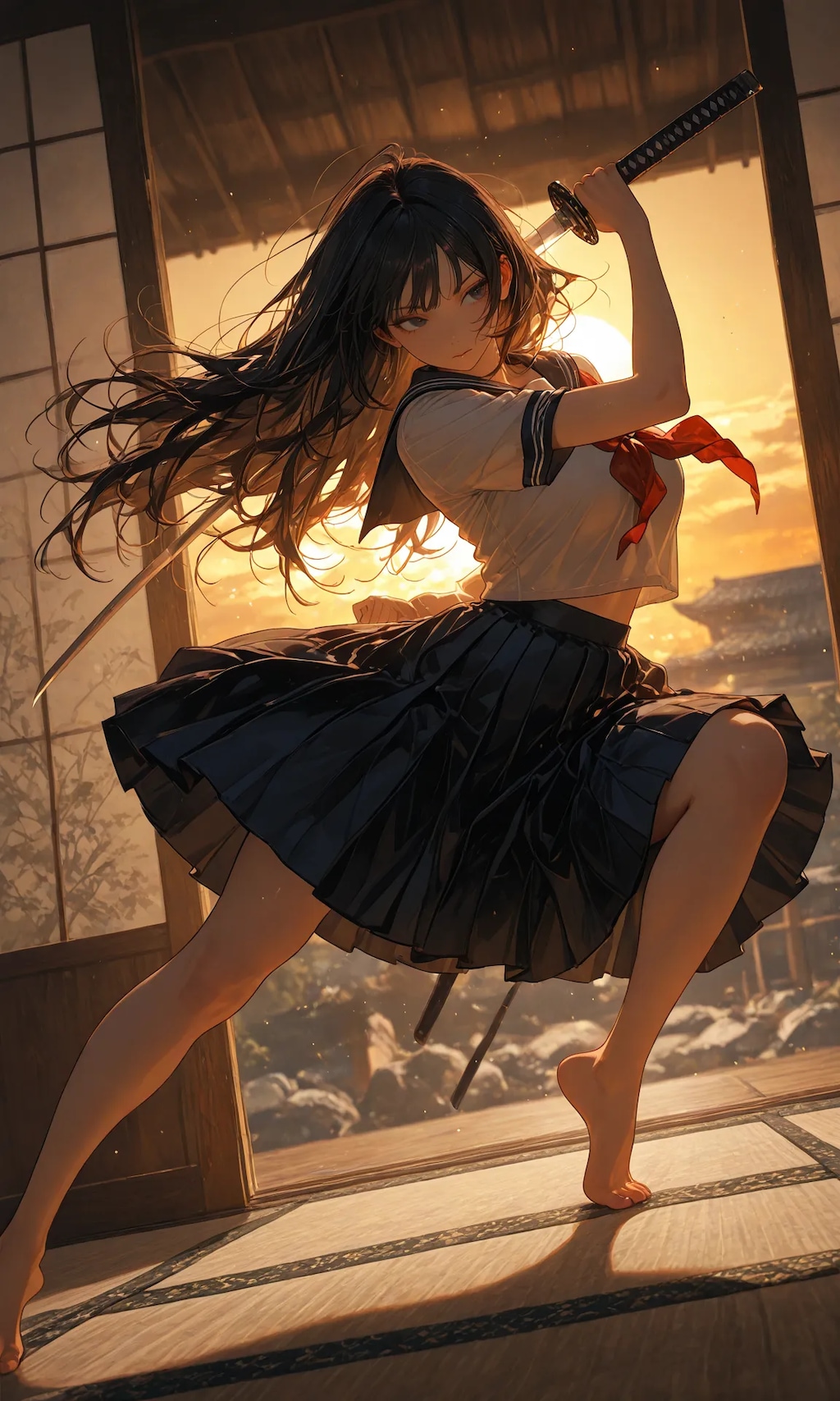 High school girl and Japanese sword