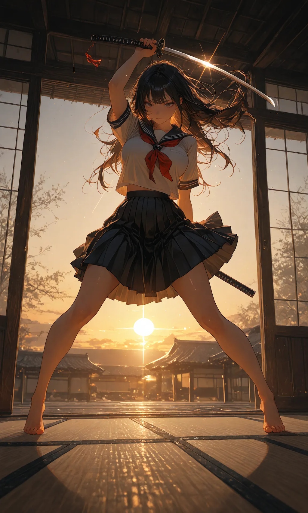 High school girl and Japanese sword
