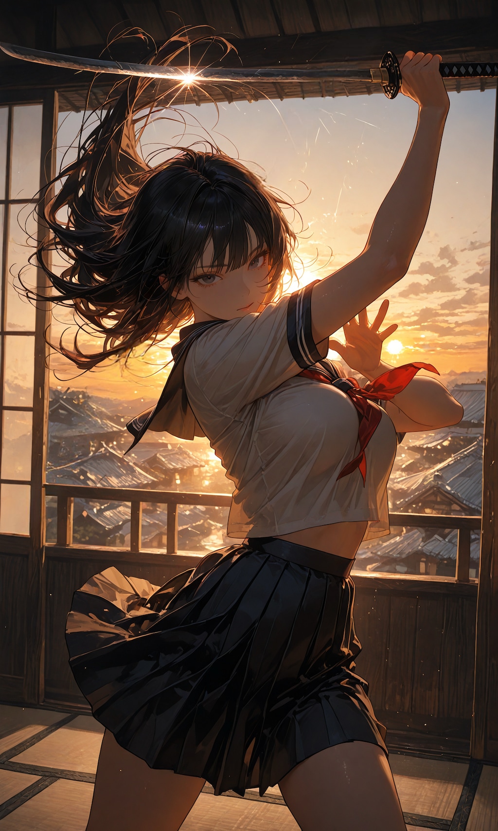 High school girl and Japanese sword