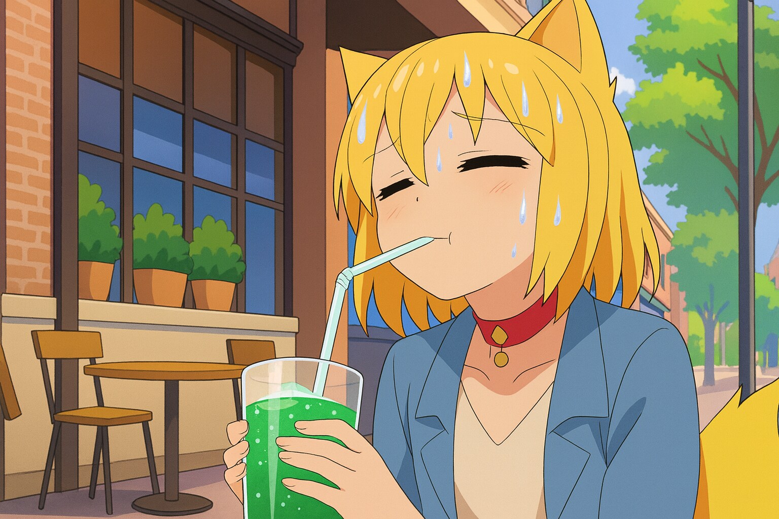 のどがチクチクするから炭酸苦手だけど飲めるようになった方がなんか大人っぽくてカッコいいのでがんばってメロンソーダにチャレンジしてみたけど秒で負けそうになるキツネ | の人気AIイラスト・グラビア