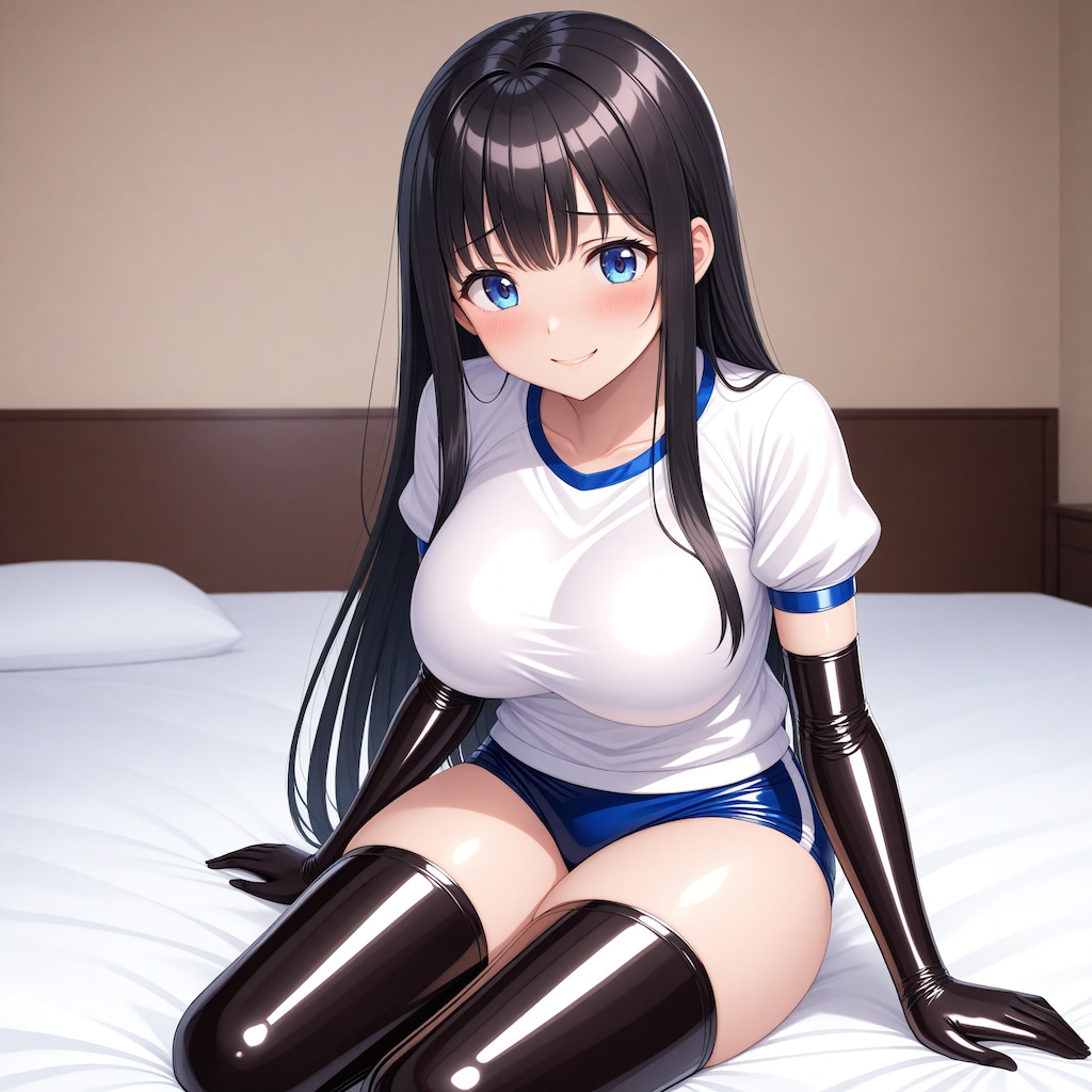 エナメル体操服青ブルマ黒長手袋サイハイソックス