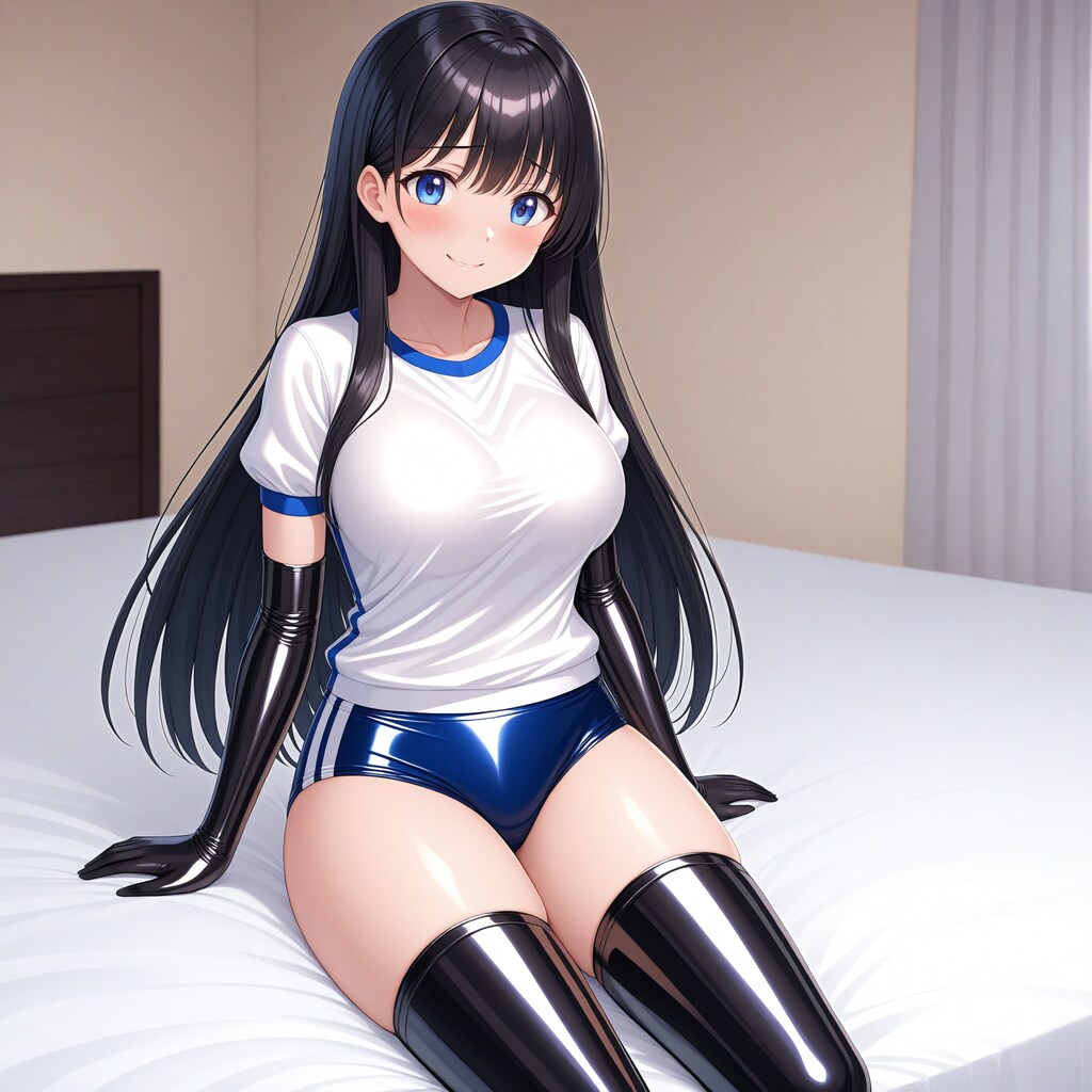 エナメル体操服青ブルマ黒長手袋サイハイソックス