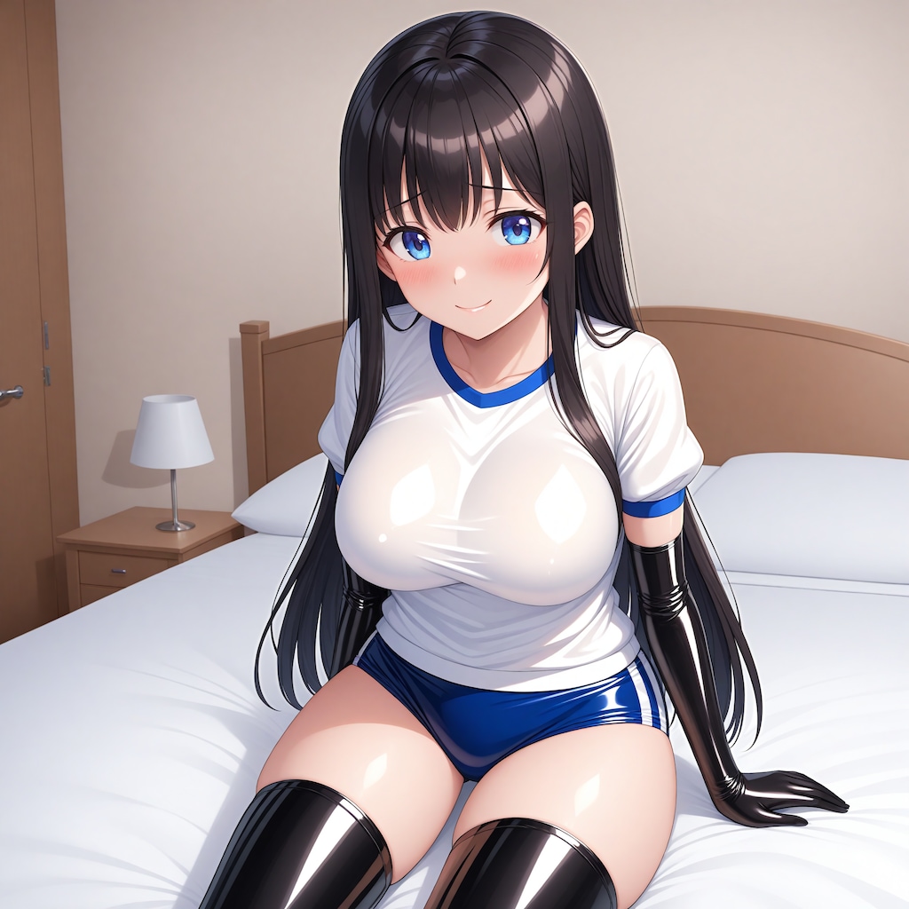 エナメル体操服青ブルマ黒長手袋サイハイソックス
