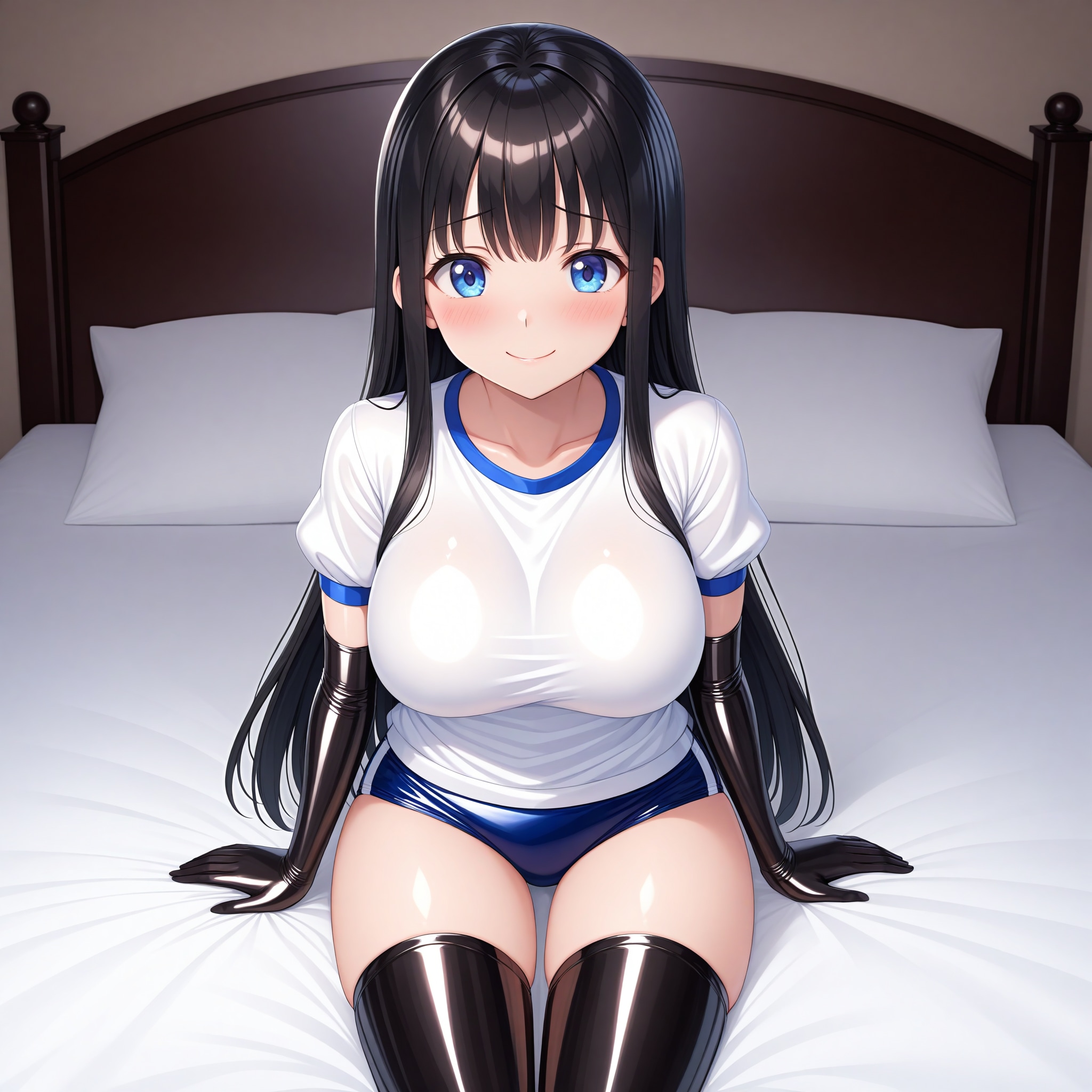 エナメル体操服青ブルマ黒長手袋サイハイソックス