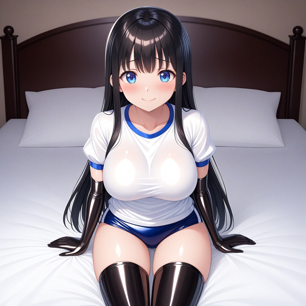 エナメル体操服青ブルマ黒長手袋サイハイソックス