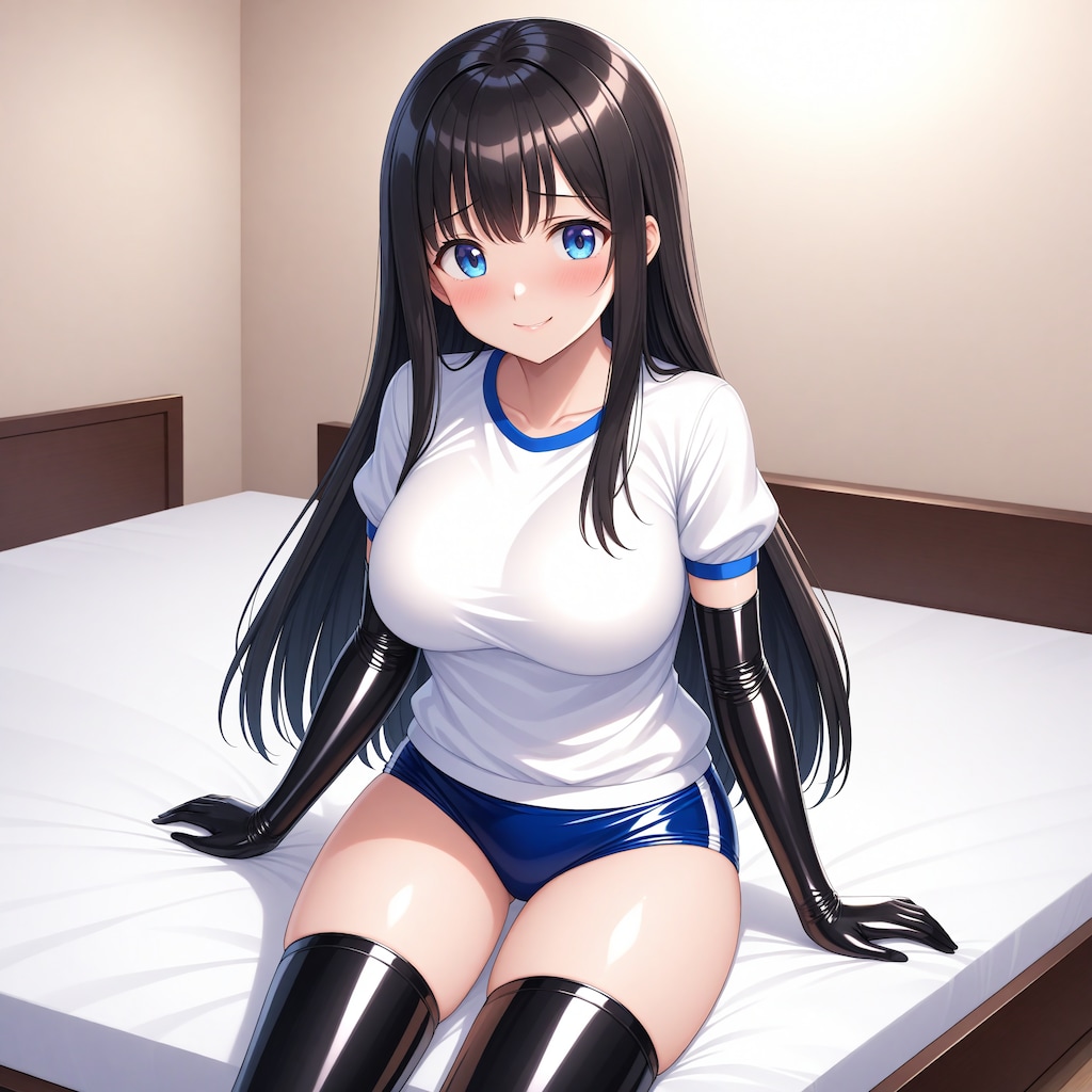 エナメル体操服青ブルマ黒長手袋サイハイソックス