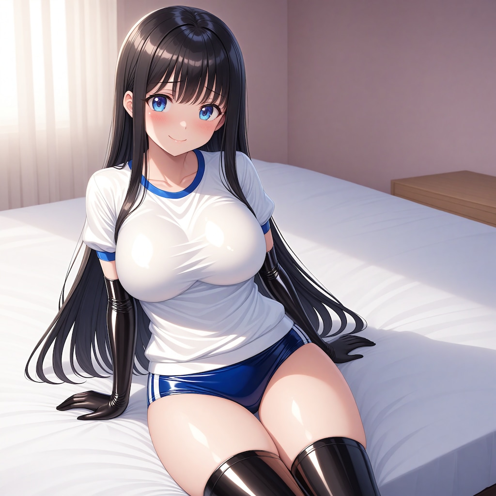 エナメル体操服青ブルマ黒長手袋サイハイソックス