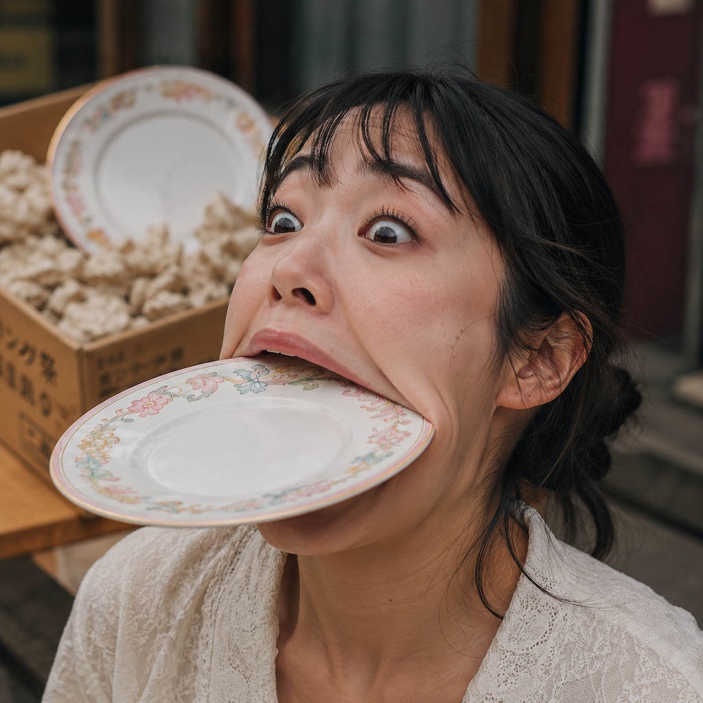 ミラさんからいただいたお皿を限界まで口に入れる女性